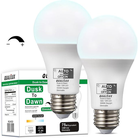 Qualilux Dusk to Dawn Light Bulbs, Auto On/Off Light Sensing LED Bulbs Outdoor, Daylight, Dimmable, 12W 1000LM 75W Equivalent, HQ-H029