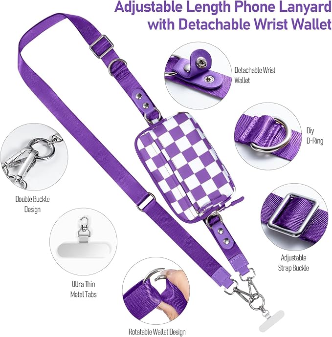 Tiostep Clip and Go Strap for Phone with Wallet Crossbody Phone Lanyard and Detachable Checkered Bag with ID Window and RFID Pouch for Daily Travel.