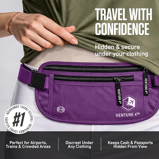 VENTURE 4TH Money Belt for Travel – Hidden Under-Clothes RFID Blocking Passport Holder & Slim Travel Wallet Pouch for Men & Women to Protect Cash, Cards & Documents (Purple)