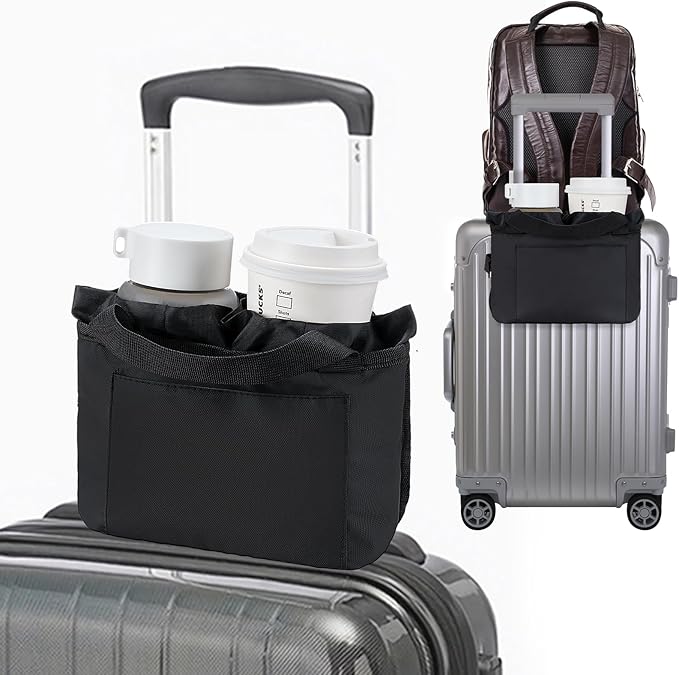 Multifunctional Luggage Travel Cup Holder for Suitcases Free Hand Drink Caddy Fits Suitcase Handles, Also, as an Automotive and Stroller Cup Holder, Travel Accessories (Black)