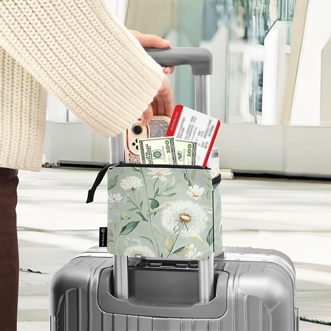Sage Green Dandelion Luggage Cup Holder Travel Portable Free Hand Drink Carrier Suitcase Drinks Beverage Holder Carry-On Bottle Mug Holder Organizer Bag Travelers Accessories