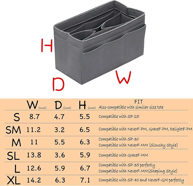DailyPlus Purse Organizer Insert - Felt Bag Organizer for Tote Purse Bag with 14 Pockets - Grey Small