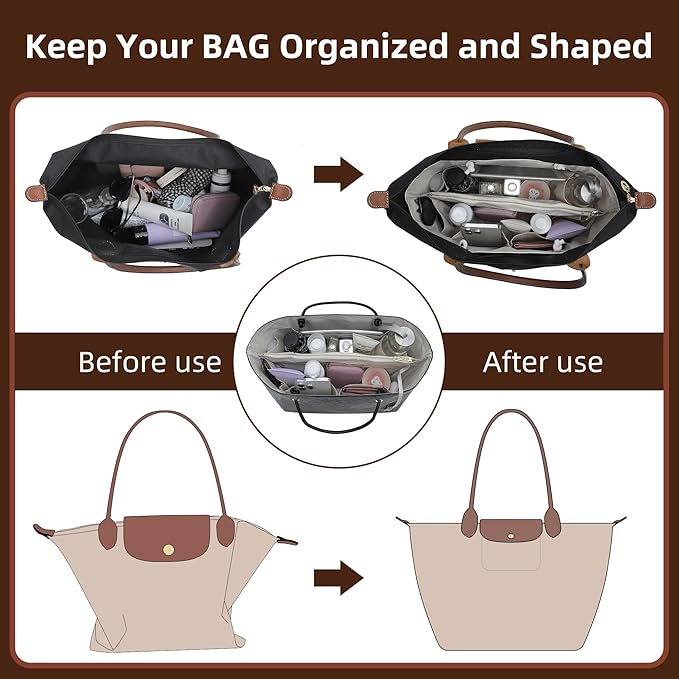 Doxo 2025 DupontPaper Purse Organizer Insert for Longchamp LePliage Large,Fixed Handle, Bag Shaper with Key Leash& 16 Compartments, Upgraded Elastic Cup Holder(Black-White，L)