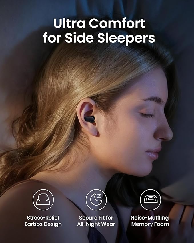 Ear Plugs for Sleeping All-Night Wear without Ear Pain Side Sleeper Patent Qufits Eartips Ultra-Comfy Reusable Earplugs for Sleep, Focus, Study, Travel, 23dB Noise Reduction - Black