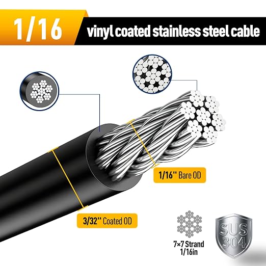 Vinyl Coated Wire Rope 304 Stainless Steel Coated Wire Cable-Black, 1/16" OD to 3/32" x700FT, with 250 Pcs Crimping Sleeves-Cable for String Lights, Suitable for Clotheslines