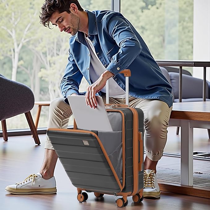 imiomo Carry on Luggage Airline Approved with Front Pocket and USB Port, Hard Shell 20 Inch Travel Carry-on Suitcase with Spinner Wheels and TSA Lock, Grey