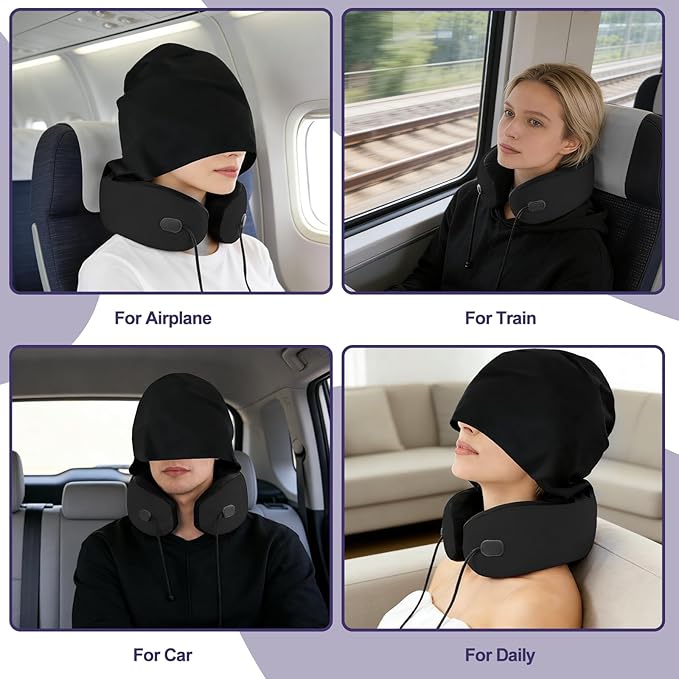 Neck Pillow for Travel, Premium Carbon-Infused Memory Foam, Cooling Fabric Pillow for Airplane, 360° Neck Support for Long Flights, Hooded Travel Pillowl for Planes, Cars and Office, Hooded, Black