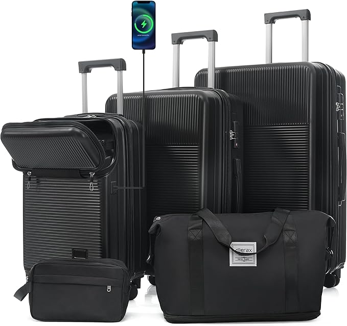 Merax Luggage Sets 5 Piece,Front Half-open Hardshell Expandable Suitcase with Spinner Wheels and Duffel Bags,Lightweight Carry on Luggage with USB Port,20/24/28IN,Black