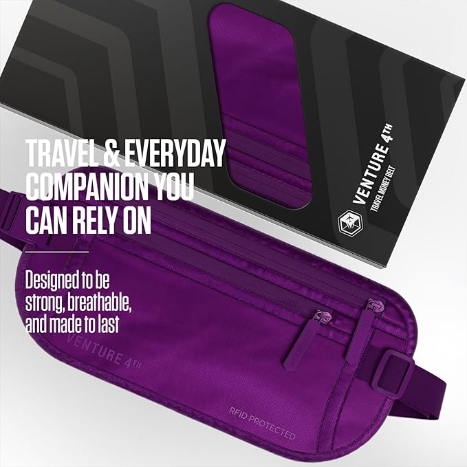 VENTURE 4TH Money Belt for Travel – Hidden Under-Clothes RFID Blocking Passport Holder & Slim Travel Wallet Pouch for Men & Women to Protect Cash, Cards & Documents (Sleek Purple)