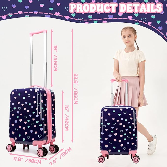 Kid's Luggage Set 2 Piece Suitcase Set Hardside Luggage with Spinner Wheels Girls Carry on Toddler Travel Rolling Suitcase with Neck Pillow Airline Approved