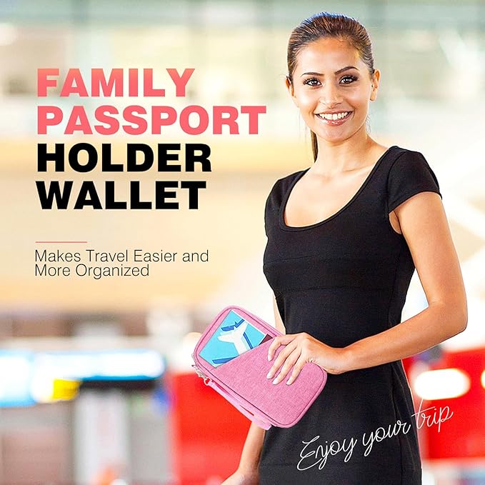 Passport Holder Family RFID Travel Document Organizer for Women Waterproof Passport Wallet Men Portable Case for Cards, Boarding Pass, ID, Money, Tickets with Zipper