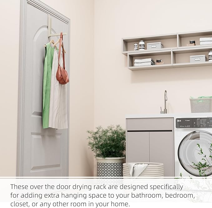 BAKON Over The Door Hanger Folding Clothes Drying Rack, Folding Hanging Coat Rack for Indoor Laundry Room Compact Small Space Foldable Portable Clothing Hanger Hook Collapsible-2 Pack (Beige)