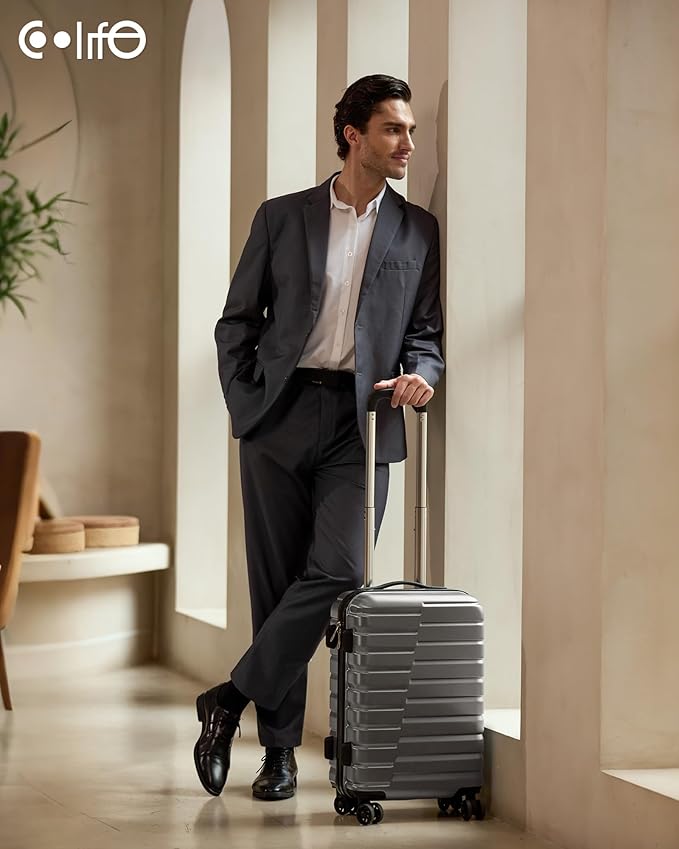 Coolife Carry On Luggage Airline Approved with Spinner Wheels, Hard Shell Suitcase TSA Lock Lightweight Travel Luggage 20-inch,Gray