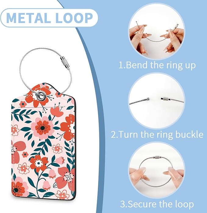 2 Pcs Luggage Tag for Suitcases, Floral Flowers Cute PU Leather Suitcase Tag Privacy Cover ID Label with Metal Loop, Personalized Baggage Identifier for Women Cruise Bag Travel Essentials