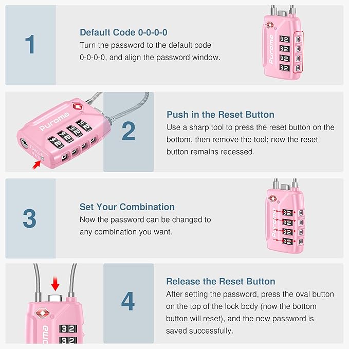 Puroma 2 Pack TSA Approved Luggage Locks, 4 Digit Combination Travel Cable Locks Resettable Code Lock with Zinc Alloy Body for Suitcase, Toolbox, Backpack, Bag, Gym Locker (Basic Pink)