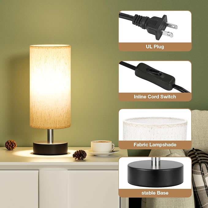 Table Lamps Set of 2（Cream Shade - Black Base, 11.6" Inline Control） | Bulb not Included | Small Lamps for Bedroom | Desk Lamp for Reading | for Living Room | for Dorm | Linen Shade