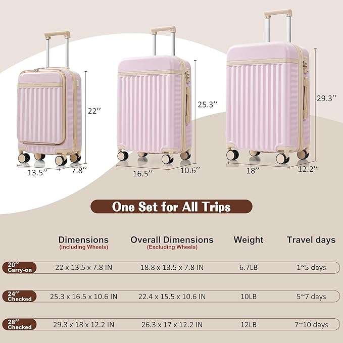 Hardshell Luggage, Lightweight Suitcase with Spinner Wheels, LIGHT PINK+USB