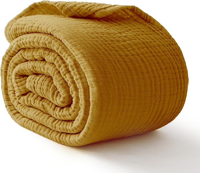100% Cotton Muslin Blanket King 108" x 90", 6 Layers Breathable and Lightweight Cotton Throw Blankets for Bed, Soft Cooling Summer Gauze Blanket for Adults All Season, Mustard