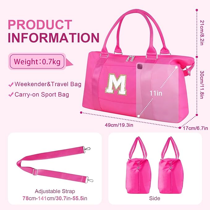 Dance Gym Duffel Bag for Teen Girls, Personalized Initial Travel Weekender Bag,Cute Overnight Carry On Duffle for Women,Sports Travel Cheer Bag,Monogram Christmas Gifts for Tween Preppy(rosered-M)
