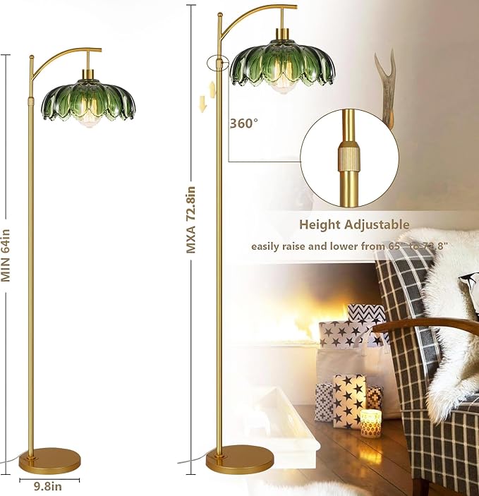 AHDWDW Gold Floor Lamp for Living Room Bedroom with Remote,Unique Vintage Standing Tall Lamp,Mid Century Modern Floor Lamps with Dimmable Bulb,Arc Green Glass Floor Lamps for Office Corner