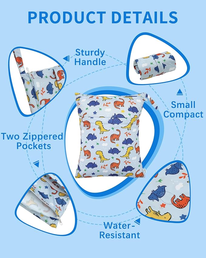 babygoal Dinosaur Wet Dry Bags 3 Pack, Waterproof Travel Bags for Swimsuits, Beach, Pool, Gym,Food Storage and Wet Clothes,3LN40-B