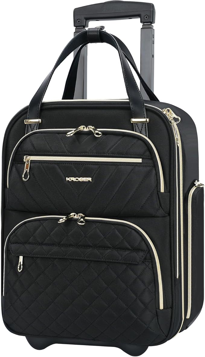 KROSER Carry On Underseat Multi-functional, 16-inch Underseater Lightweight Overnight Suitcase for Men Women, Black/Gold