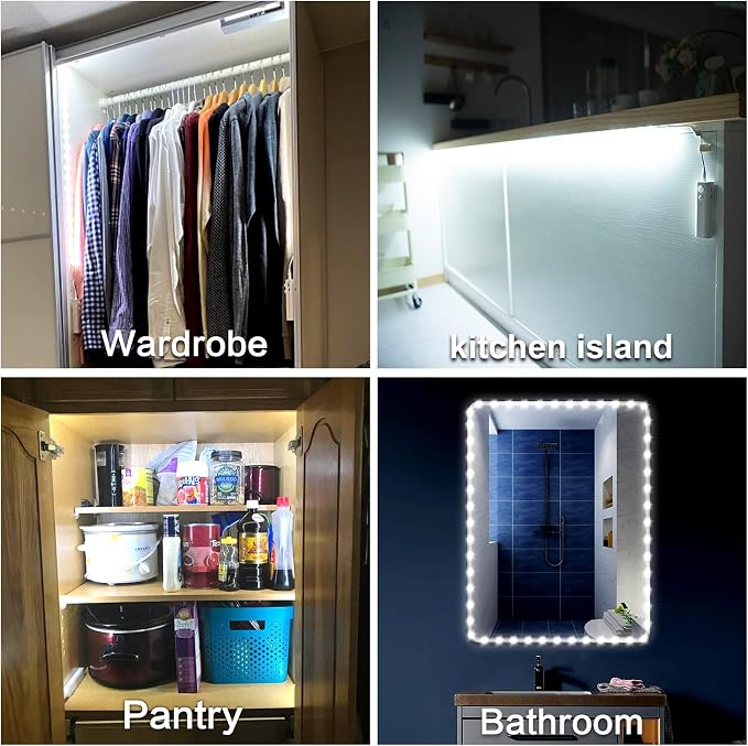 WOBANE LED Closet Light Motion Activated, White Battery Powered LED Strip | Stick-on Anywhere Homelife Motion Sensor LED Light, Rechargeable Night Light for Closet Hallway Stairway 6.56ft, 6000K White