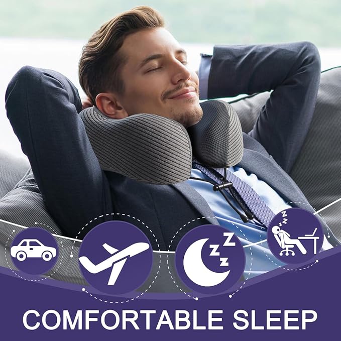 napfun Neck Pillow for Travel with Travel Pouch, Sleep Mask & Earplugs, Memory Foam Airplane Pillow for Headrest Sleep with Eyeshades, Plane Essentials with Eye Blindfold, Dark Gray Striped Kit