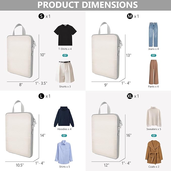 Compression Packing Cubes for Travel, 4 Set Expandable Packing Organizers, Lightweight Luggage Organizer Bags, Travel Essentials for Carry on, Handy Helper for Organizing Clothes, Off-White