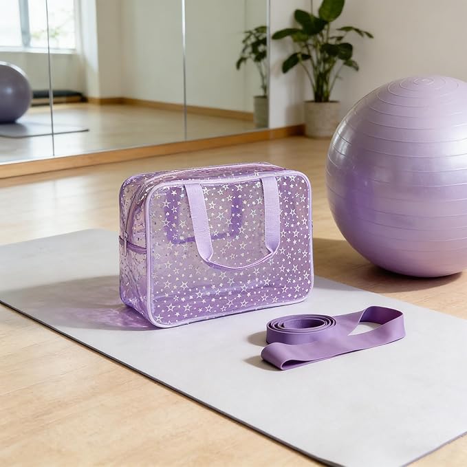 Clear Star Large Cosmetic Bag and Travel Pouch with Handle,Durable Material,Zipper Design-Ideal for Makeup,Travel Essentials (Purple+Shiny Star)