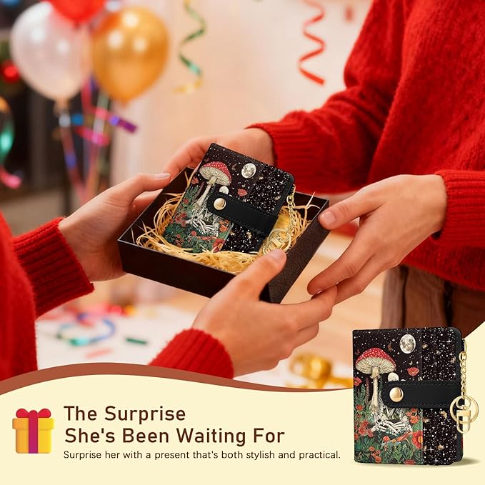 Jogjam Mushroom Skull Rfid Ladies Wallet, Small Slim Thin Compact Credit Card Women Wallet, Skeleton Goth Horror PU Leather Bifold Zipper Coin Pocket for Female