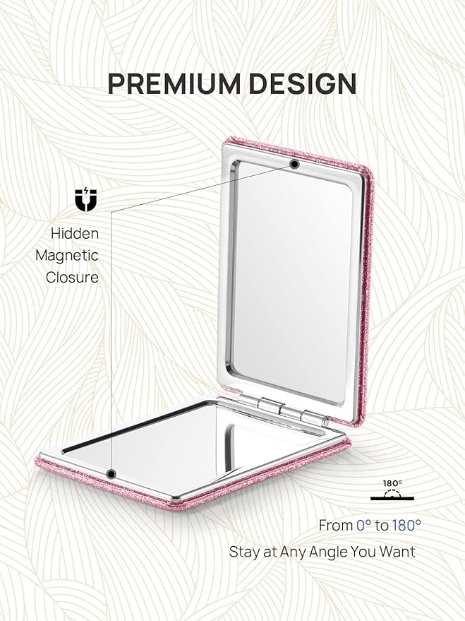 OMIRO Compact Mirror, Glitter PU Leather 1X/3X Magnification, Ultra Portable for Purses, 2.4" W x 3.4" L (Pink)
