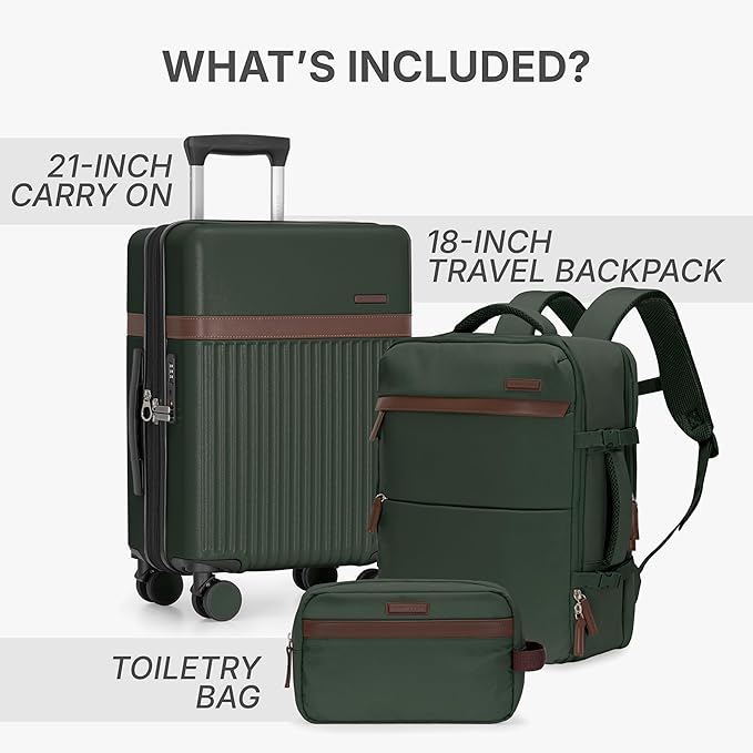 U.S. Traveler Vista Way 3-Piece Travel Set, 21-Inch Carry-on Hardside with TSA Lock, 18-Inch Travel Backpack with Laptop Sleeve, Toiletry Bag, Green