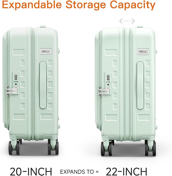 Expandable Lightweight PC Hard Shell Suitcase, 20-inch Carry On Luggage with TSA Lock, 360 Silent Spinner Wheels, Top Opening & Cup Holder - Ideal for Business Travel Suitcase (Mint Green)
