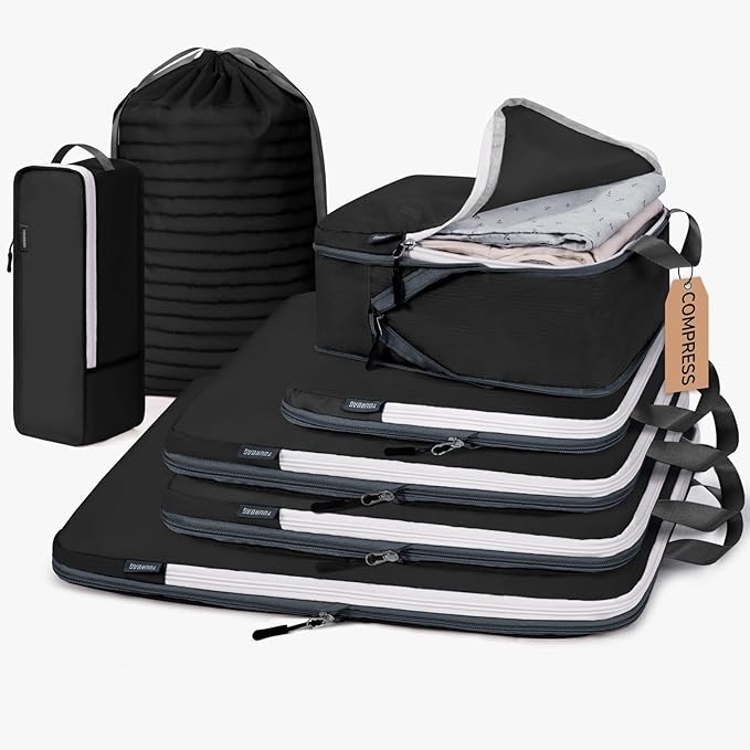 CherryNow Compression Packing Cubes, 7 Set Packing Cubes for Travel, Suitcase Organizers, Luggage Essentials, Travel Bags for Shoes, Clothing, Black