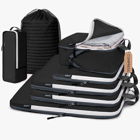CherryNow Compression Packing Cubes, 7 Set Packing Cubes for Travel, Suitcase Organizers, Luggage Essentials, Travel Bags for Shoes, Clothing, Black