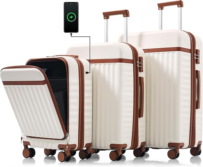 Hardshell Luggage, Lightweight Suitcase with Spinner Wheels, WHITE BROWN+USB
