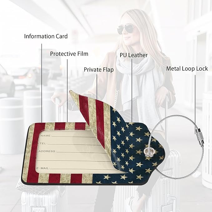 2 Pack Luggage Tag USA Travel PU Cute Leather Luggage Tag Name ID Labels with Privacy Cover Suitcases Women Men Girls Boys Fun Laggage Tags (USA)