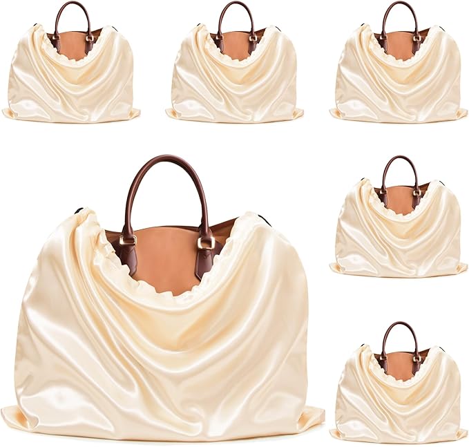 Ersmak 6 Pack Dust Bags for Handbags - Beige Silk Dust Cover Bag for Purses Shoes - Satin Drawstring Dustproof Bags for Travel Storage - 19.7 x 15.7 In