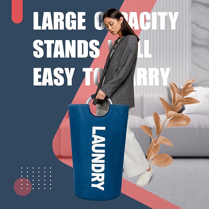 Caroeas 100L Laundry Basket,Large Laundry Hamper, Laundry Bag with Padded Handles, Clothes Hamper Stands Up Well, Collapsible Free Standing Easy Storage Washing Bin (Navy Blue,100L)