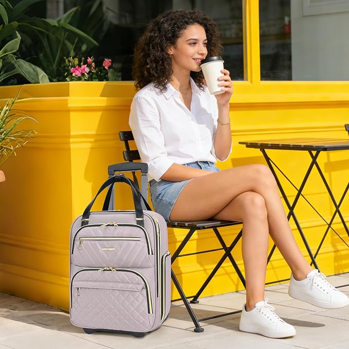 KROSER Carry On Underseat Multi-functional, 16-inch Underseater Lightweight Overnight Suitcase for Women, Dusty Pink/Gold