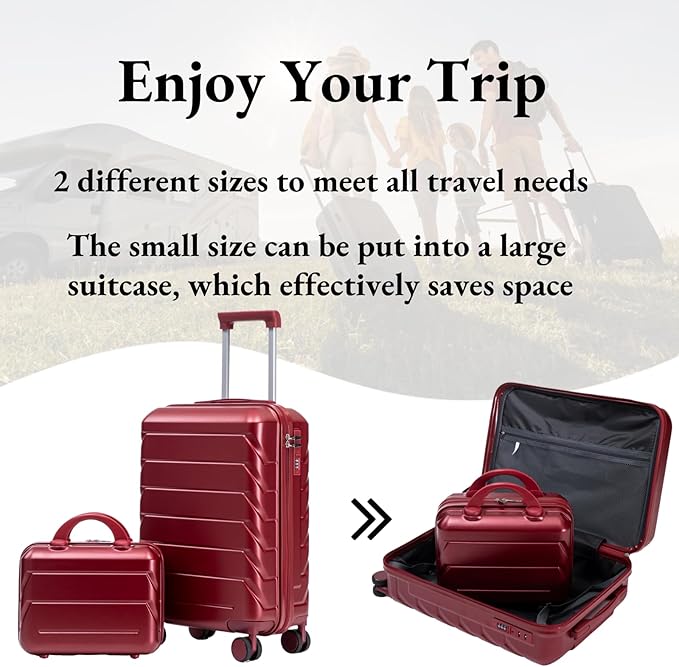 2-Piece ABS Hard Shell Lightweight Carry-On Luggage Set (14" & 20"), 360-Degree Spinner Wheels, Adjustable Telescopic Handle and Combination Lock for Travel, Wine Red