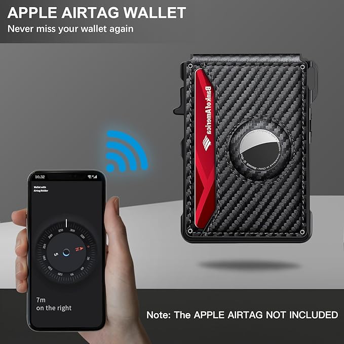 Airtag Wallet for Men, Mens Smart Wallet for Air Tag RFID Blocking, Minimalist Bifold Pop Up Aluminum Credit Card Case Holder 12+ Cards with ID Window, Gift for Men, No Airtag Included, Carbon Red