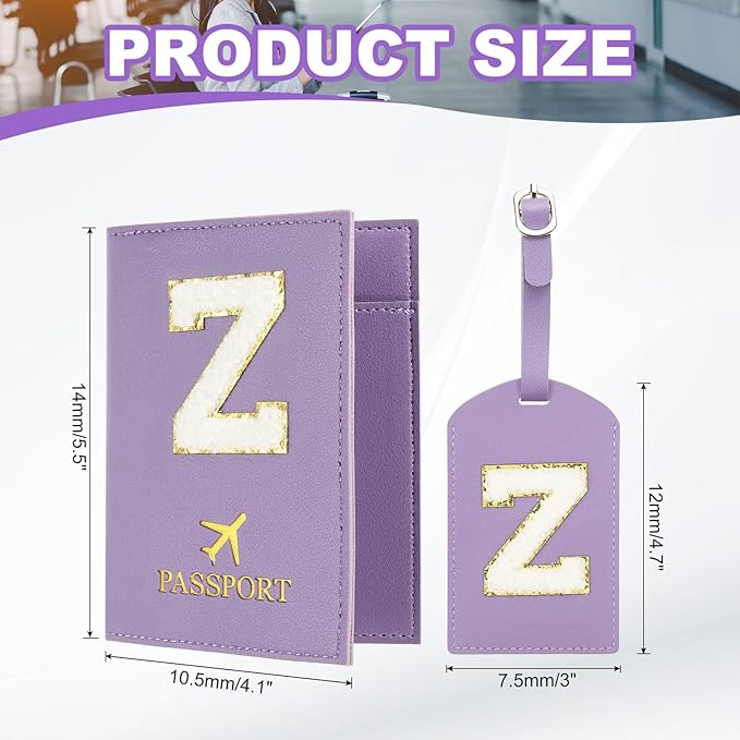 PATIKIL Passport Holder for Travel, Initial Passport Cover and Luggage Tag Set with Alphabet Chenille Letter Patch Travel Wallet Bag Suitcase Identifier for Women Family Travel Purple Z