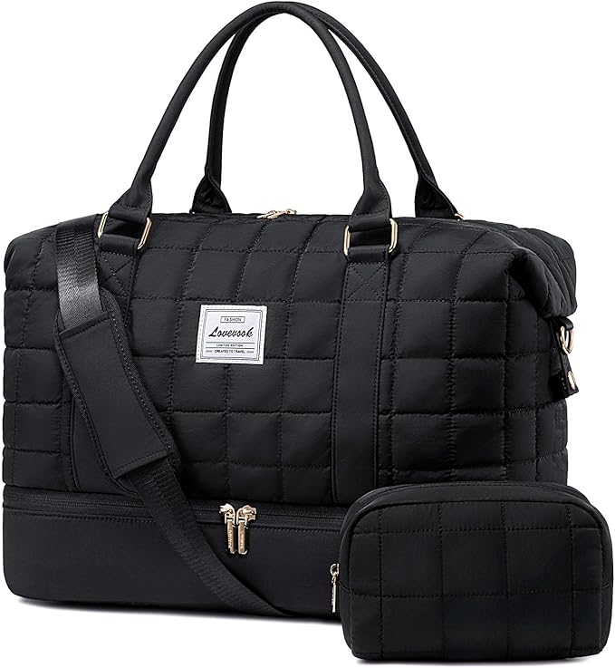 LOVEVOOK Puffer Weekender Bags for Women, Carry On Overnight Bag with Toiletry Bag, Gym Duffel Bag with Wet Pocket, 2Pcs Set