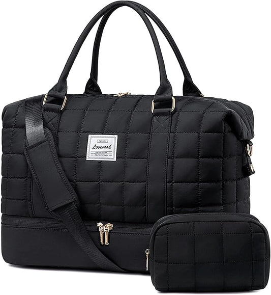 LOVEVOOK Puffer Weekender Bags for Women, Carry On Overnight Bag with Toiletry Bag, Gym Duffel Bag with Wet Pocket, 2Pcs Set
