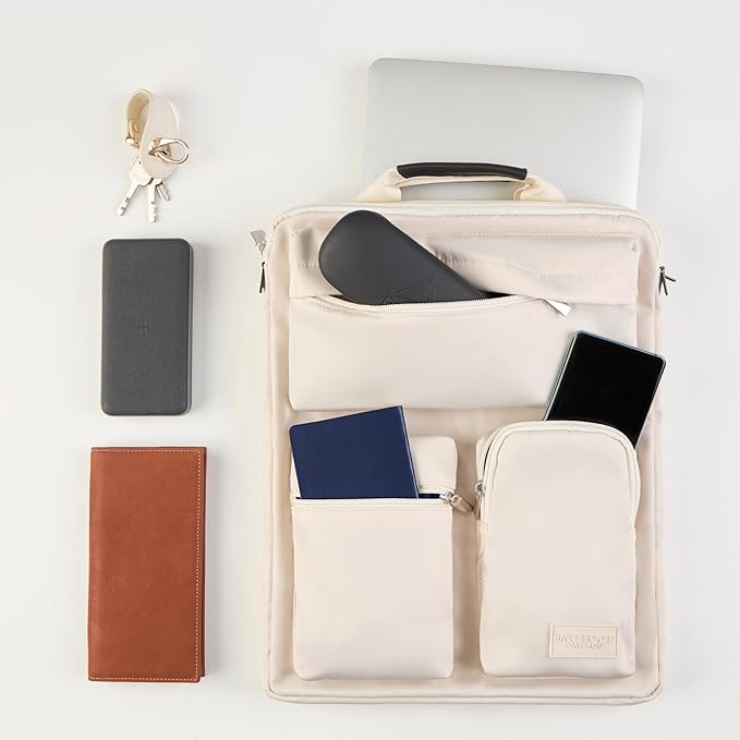 BAREFOOT CARIBOU Over Luggage Organizer for Carry On Bag or Suitcase with Storage Pockets, 16” Laptop Sleeve with Handle, Travel Accessories Bag Slide On Luggage Harness with Adjustable Straps (Ivory)