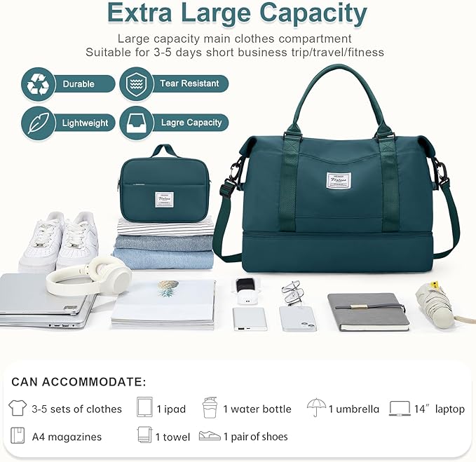 Large Weekender Bags for Women, Travel Duffel Bags with Shoe Compartment,Personal Item Travel Carry on Overnight bag for women Travel Set,Peacock Blue2