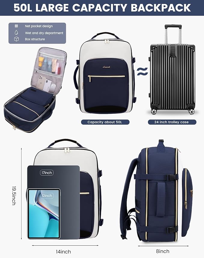 LOVEVOOK 50L Large Travel Backpack for Women & Men, Carry on Backpack Airline Approved, Waterproof Travel Essentials fits 18" Laptop, TSA Personal Item Bag Sports Backpack with 3 Packing Cubes