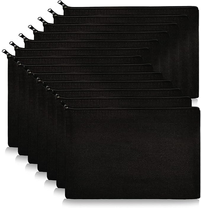 Koolmox Black Canvas Pouches Blank, 12PCS Canvas Zipper Pouch, 8x5 inch Plain Pencil Bag for Patches, Embroidery, Print Sublimation